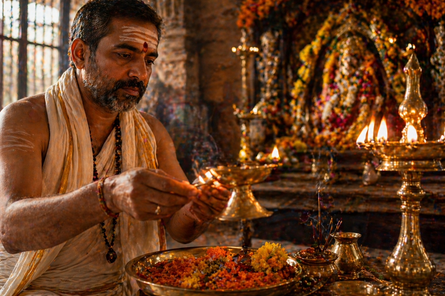 Acharya performing aarti in temple — vermilion tilak, rudraksha mala, brass diyas